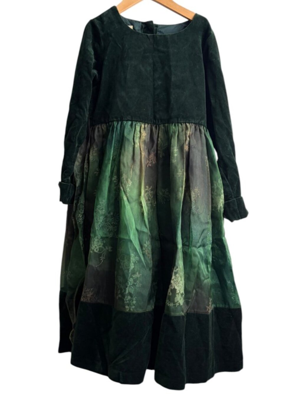 Laura Ashley Green Velvet and Floral Organza/Tulle holiday dress Tie Back Size 8